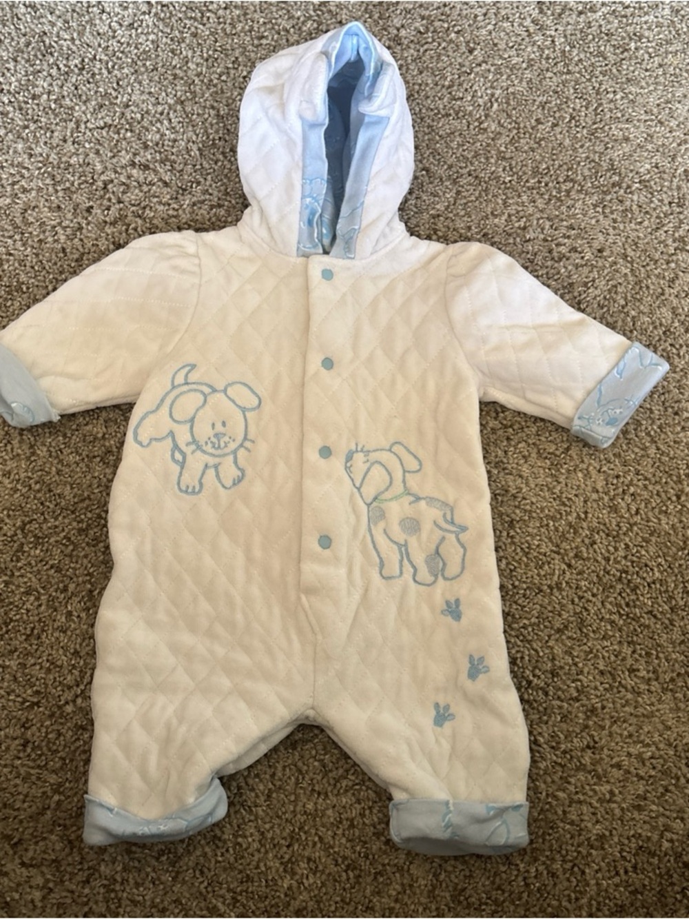 Baby Quilted One-Piece Romper with Blue Puppy Embroidery
